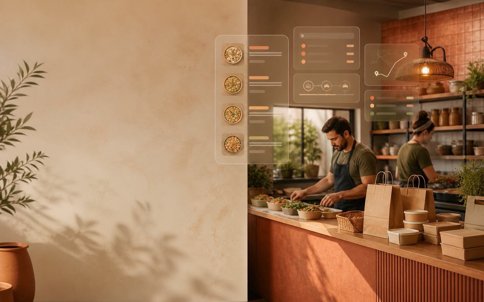 Cozinha comercial conceitual com embalagens e painéis abstratos de pedidos
