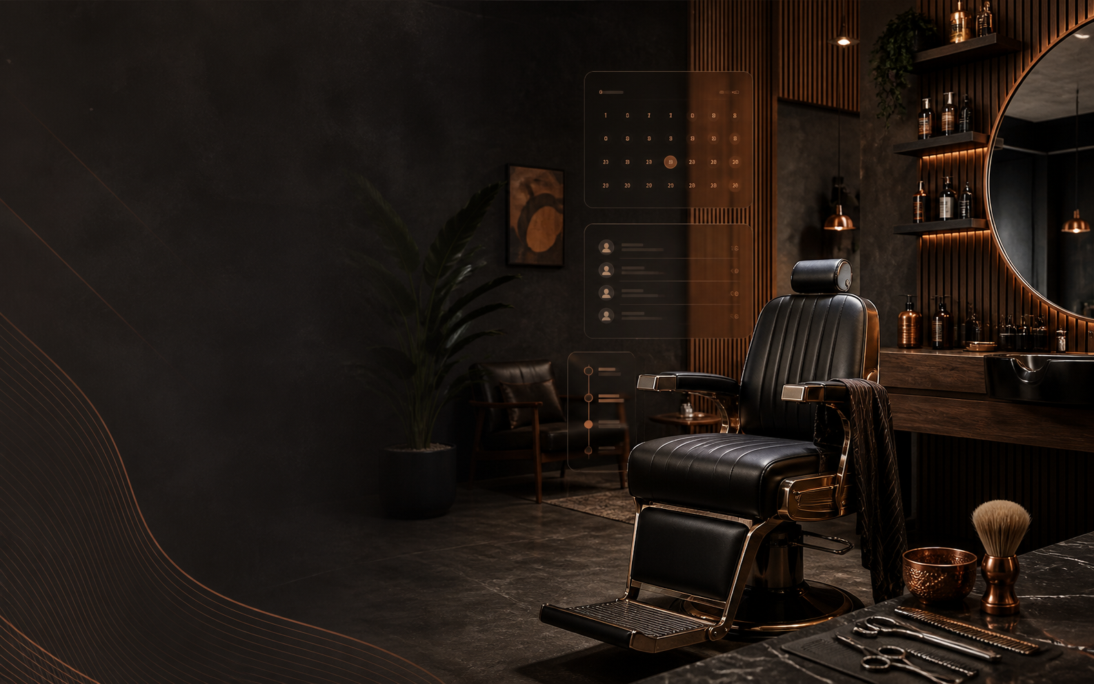 Barbearia conceitual em tons de carvão e cobre com agenda digital abstrata