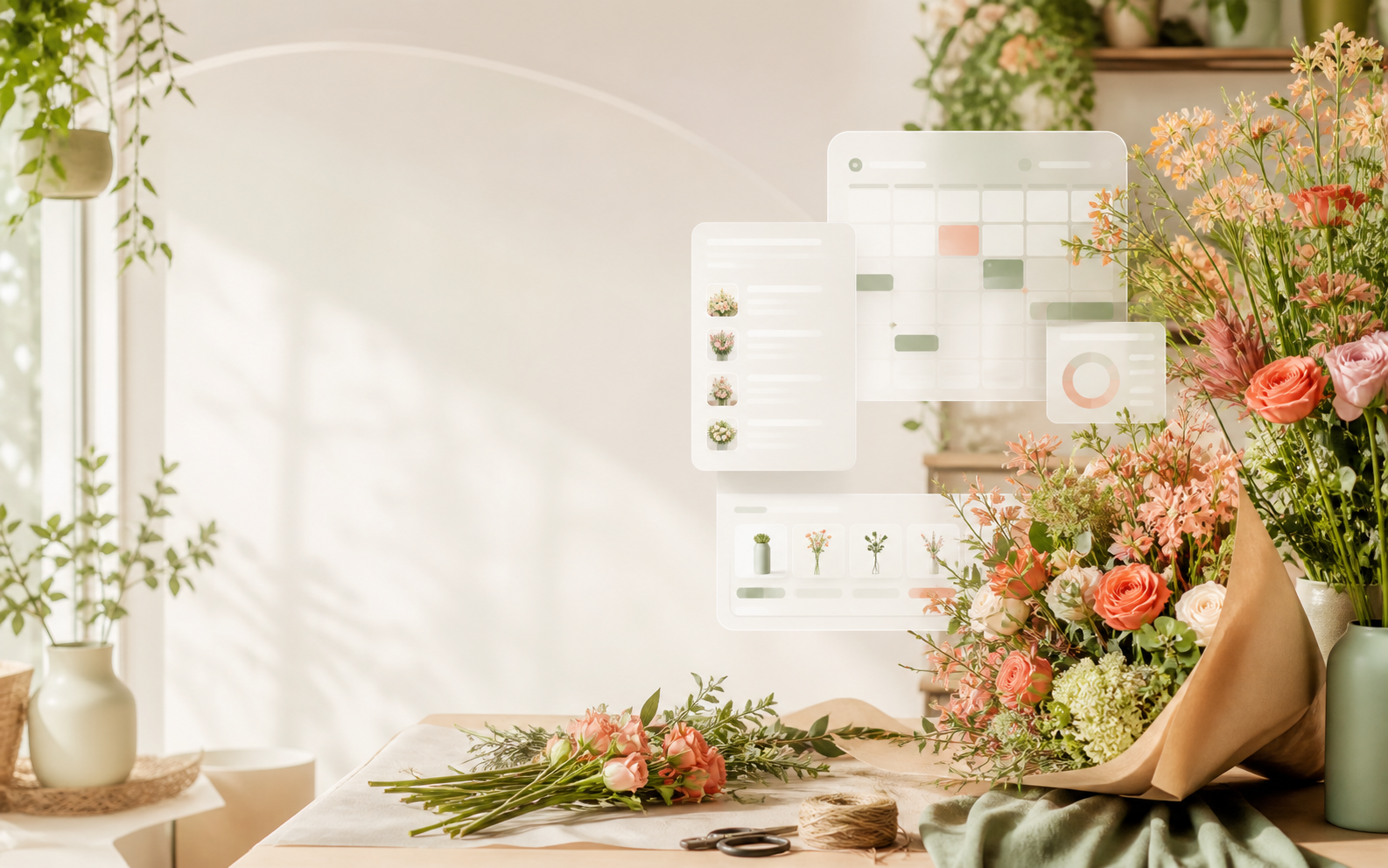 Cenário conceitual de floricultura com buquês e painéis abstratos de pedidos e agenda
